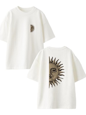 Nmg Tekstil Beyaz Oversize Pamuk Yarım Ay Ön Arka Baskılı Örme T-Shirt