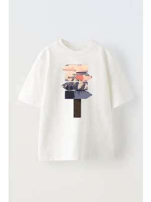 Nmg Tekstil Beyaz Oversize Pamuk Yön Ok Japonya Baskılı Örme T-Shirt