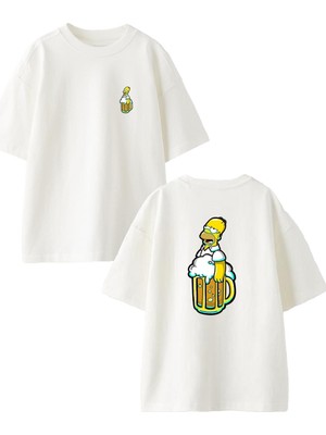 Nmg Tekstil  Beyaz Oversize Pamuk Beer Sipson Ön Arka Baskılı Örme T-Shirt
