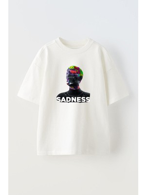 Nmg Tekstil Beyaz Oversize Pamuk Sadness Baskılı Örme T-Shirt