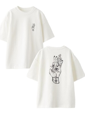 Nmg Tekstil Beyaz Oversize Pamuk Tek Göz El Ön Arka Baskılı Örme T-Shirt