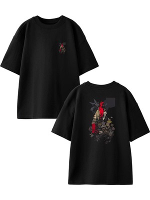 Nmg Tekstil Siyah Oversize Pamuk Siyah Kırmızı Şeytanlar Ön Arka Baskılı Örme T-Shirt