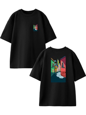 Nmg Tekstil Siyah Oversize Pamuk Sokak Manzara Çizim Ön Arka Baskılı Örme T-Shirt