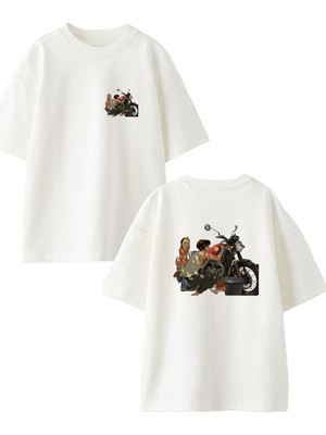 Nmg Tekstil Beyaz Oversize Pamuk Babalı Kızlı Motor Ön Arka Baskılı Örme T-Shirt