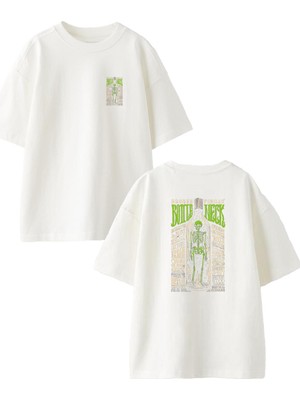 Nmg Tekstil Beyaz Oversize Pamuk Bottle Neck Ön Arka Baskılı Örme T-Shirt