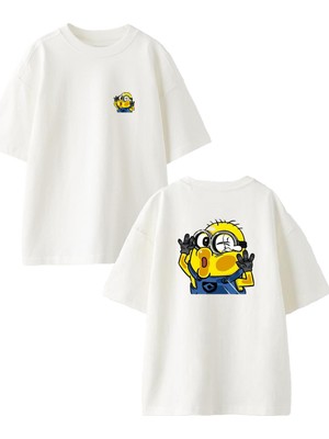 Nmg Tekstil Beyaz Oversize Pamuk Minyon Nanik Ön Arka Baskılı Örme T-Shirt