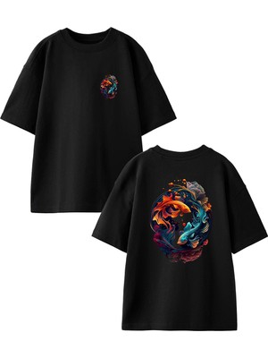 Nmg Tekstil Siyah Oversize Pamuk Japon Balık Desen Ön Arka Baskılı Örme T-Shirt