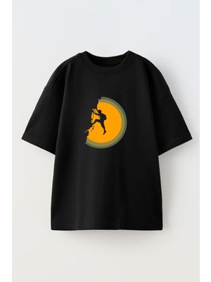 Nmg Tekstil Siyah Oversize Pamuk Dağcı Çizim Baskılı Örme T-Shirt