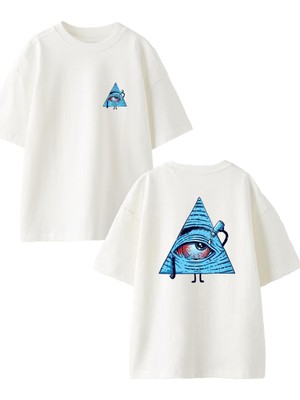 Nmg Tekstil Beyaz Oversize Pamuk Iliminati Piramit Ön Arka Baskılı Örme T-Shirt