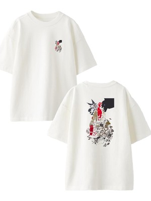Nmg Tekstil Beyaz Oversize Pamuk Siyah Kırmızı Şeytanlar Ön Arka Baskılı Örme T-Shirt