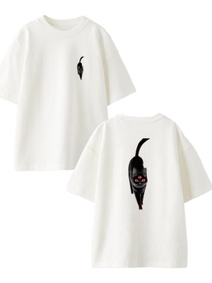 Nmg Tekstil Beyaz Oversize Pamuk Üç Gözlü Siyah Kedi Ön Arka Baskılı Örme T-Shirt