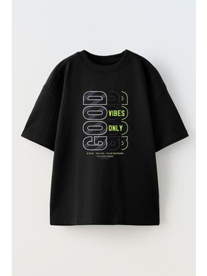 Nmg Tekstil Siyah Oversize Pamuk Good Yazı Baskılı Örme T-Shirt