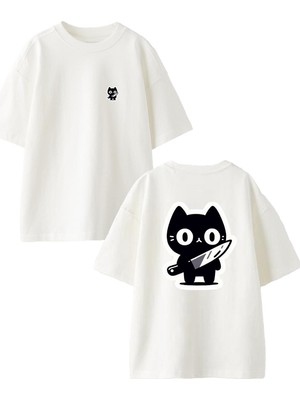 Nmg Tekstil Beyaz Oversize Pamuk Bıçaklı Kedi Ön Arka Baskılı Örme T-Shirt