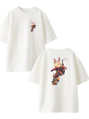 Nmg Tekstil Beyaz Oversize Pamuk Kaykaylı Tavşan Karakter Ön Arka Baskılı Örme T-Shirt
