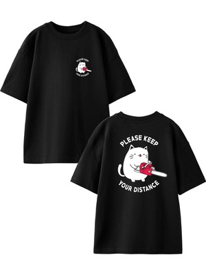 Nmg Tekstil Siyah Oversize Pamuk Please Keep Testere Ön Arka Baskılı Örme T-Shirt