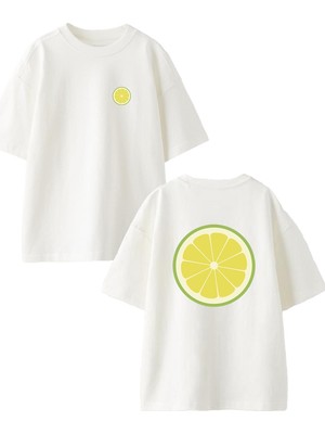 Nmg Tekstil Beyaz Oversize Pamuk Limon Dilim Ön Arka Baskılı Örme T-Shirt