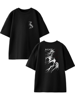 Nmg Tekstil Siyah Oversize Pamuk Kai Pokemon Çizim Ön Arka Baskılı Örme T-Shirt