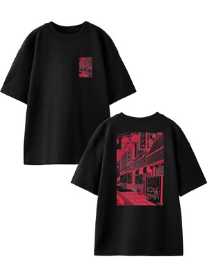 Nmg Tekstil Siyah Oversize Pamuk Japon Sokak Görsel Ön Arka Baskılı Örme T-Shirt