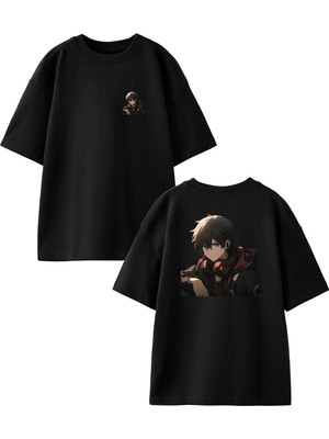 Nmg Tekstil Siyah Oversize Pamuk Kulaklıklı Anime Cool Ön Arka Baskılı Örme T-Shirt