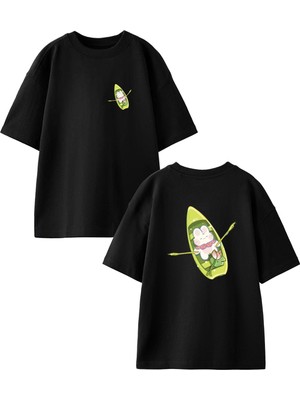 Nmg Tekstil Siyah Oversize Pamuk Kayık Yapan Tavşancık Ön Arka Baskılı Örme T-Shirt