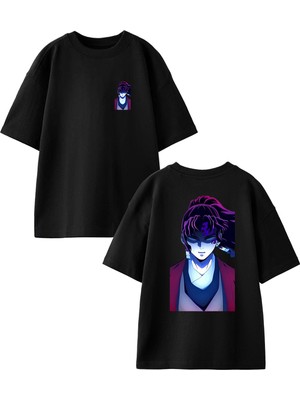 Nmg Tekstil Siyah Oversize Pamuk Mor Anime Uzun Saçlı Dövüşçü Ön Arka Baskılı Örme T-Shirt