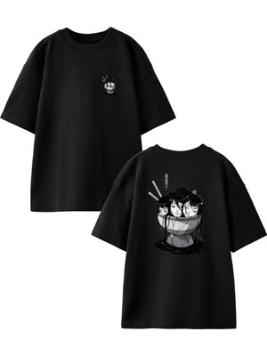 Nmg Tekstil Siyah Oversize Pamuk Üç Kafa Anime Ön Arka Baskılı Örme T-Shirt