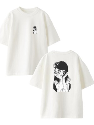Nmg Tekstil Beyaz Oversize Pamuk Düşünen Çok Gözlü Cadı Ön Arka Baskılı Örme T-Shirt