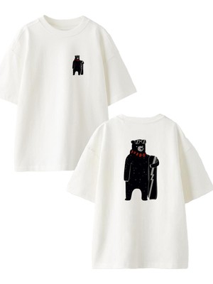 Nmg Tekstil Beyaz Oversize Pamuk Kaykay Ayı Ön Arka Baskılı Örme T-Shirt
