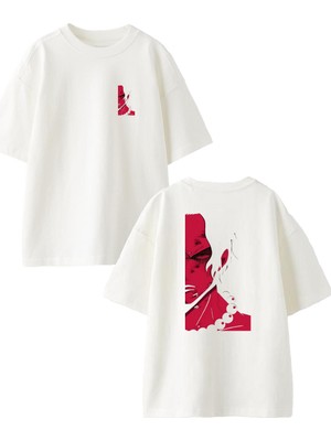 Nmg Tekstil Beyaz Oversize Pamuk Kırmızı Şeytan Adam Ön Arka Baskılı Örme T-Shirt