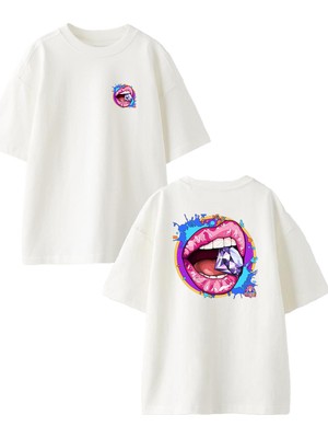 Nmg Tekstil Beyaz Oversize Pamuk Dudak Elmas Boya Ön Arka Baskılı Örme T-Shirt