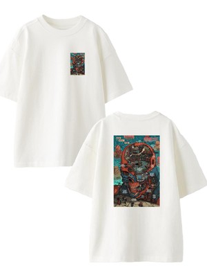 Nmg Tekstil Beyaz Oversize Pamuk Kurukafa Lego Ön Arka Baskılı Örme T-Shirt