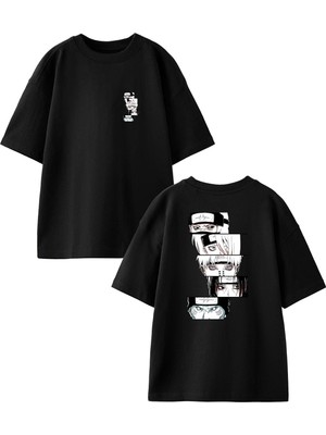 Nmg Tekstil Siyah Oversize Pamuk Anime Bakışlar Erkek Ön Arka Baskılı Örme T-Shirt