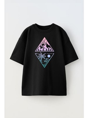 Nmg Tekstil Siyah Oversize Pamuk Yaz Kış Desen Baskılı Örme T-Shirt