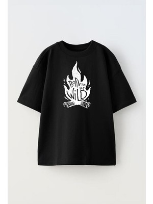 Nmg Tekstil Siyah Oversize Pamuk Born Wild Baskılı Örme T-Shirt