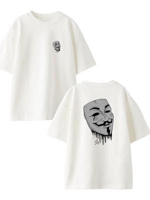 Nmg Tekstil  Beyaz Oversize Pamuk Çığlık Maske Ön Arka Baskılı Örme T-Shirt