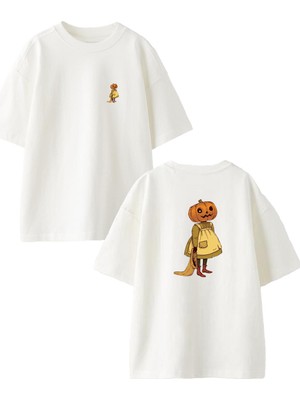 Nmg Tekstil  Beyaz Oversize Pamuk Kız Balkabağı Ön Arka Baskılı Örme T-Shirt