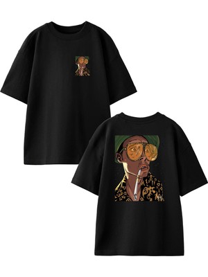 Nmg Tekstil  Siyah Oversize Pamuk Büyük Gözlüklü Adam Ön Arka Baskılı Örme T-Shirt