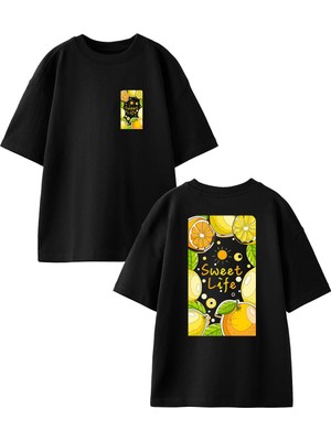 Nmg Tekstil  Siyah Oversize Pamuk Limon Portakal Desen Ön Arka Baskılı Örme T-Shirt