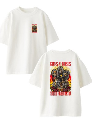 Nmg Tekstil Beyaz Oversize Pamuk Guns Roses Poster Ön Arka Baskılı Örme T-Shirt