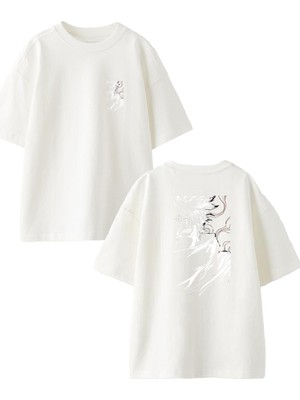 Nmg Tekstil Beyaz Oversize Pamuk Kai Pokemon Çizim Ön Arka Baskılı Örme T-Shirt