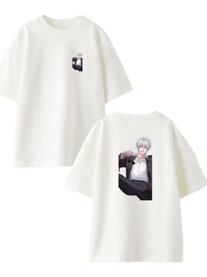 Nmg Tekstil Beyaz Oversize Pamuk Takım Elbiseli Anime Ön Arka Baskılı Örme T-Shirt
