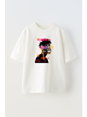 Nmg Tekstil Beyaz Oversize Pamuk Kafalar Karışık Çizim Baskılı Örme T-Shirt