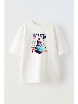 Nmg Tekstil Beyaz Oversize Pamuk Wish Astronot Baskılı Örme T-Shirt