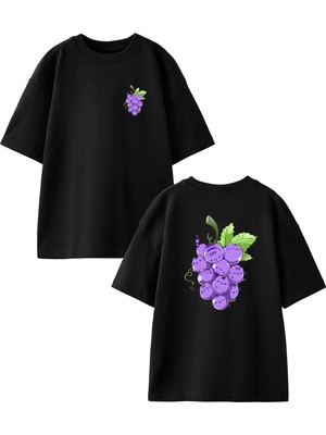 Nmg Tekstil Siyah Oversize Pamuk Üzüm Çizim Ön Arka Baskılı Örme T-Shirt