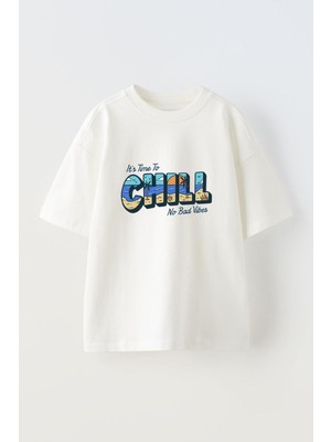 Nmg Tekstil Beyaz Oversize Pamuk Chill No Bad Vibes Baskılı Örme T-Shirt
