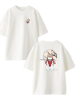 Nmg Tekstil Beyaz Oversize Pamuk Samuray Kedi Kılıç Ay Ön Arka Baskılı Örme T-Shirt