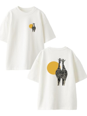Nmg Tekstil Beyaz Oversize Pamuk Çift Zürafa Güneş Ön Arka Baskılı Örme T-Shirt