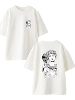 Nmg Tekstil Beyaz Oversize Pamuk Heykel Şeytan Ön Arka Baskılı Örme T-Shirt