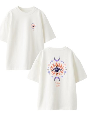 Nmg Tekstil Beyaz Oversize Pamuk Tek Göz Desen Ön Arka Baskılı Örme T-Shirt