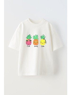 Nmg Tekstil Beyaz Oversize Pamuk Ananas Cool Baskılı Örme T-Shirt